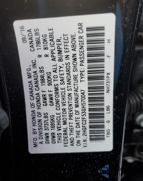 2016 Honda Civic Lx from USA, damaged, VIN 2HGFC2F53GH570047